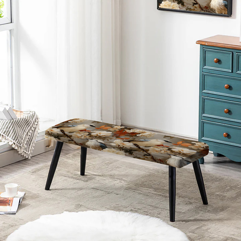 Beige Exotic Avian Bird Beauty - Floral Upholstered Black Bench