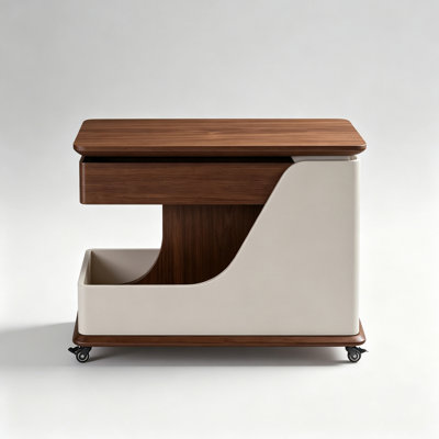 Table d'appoint mobile à hauteur ajustable avec roulettes pivotantes pivotantes et compartiments de rangement encastrés en noyer et blanc cassé, table d'appoint polyvalente pour salon, balcon et chambre à coucher