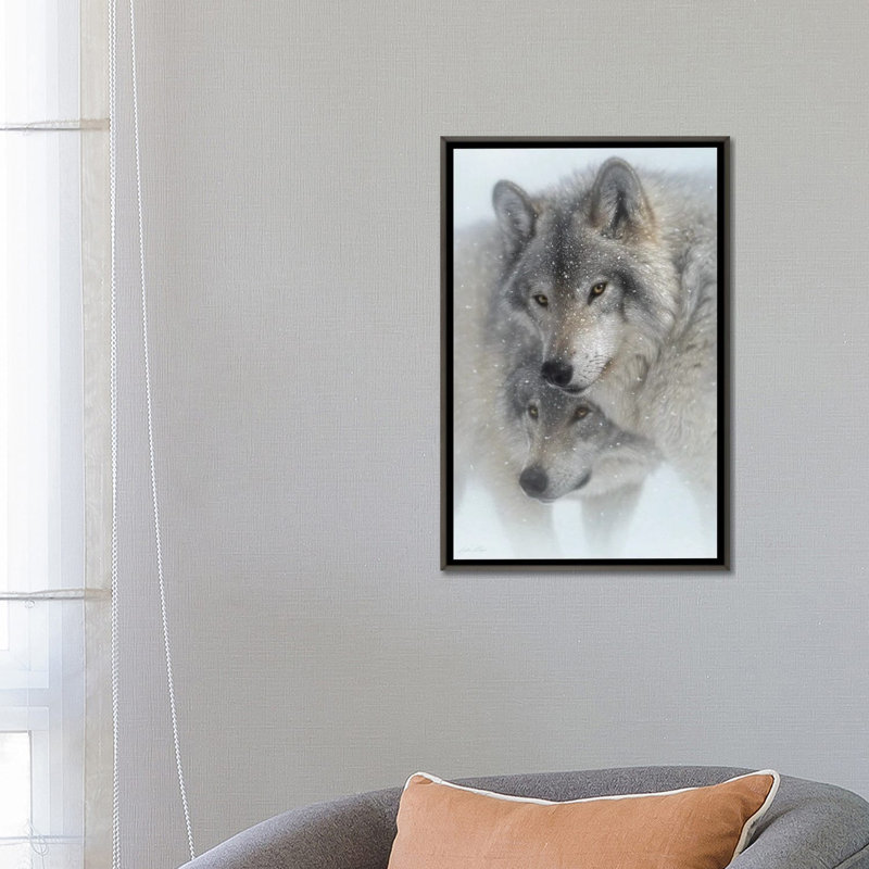 Wild Devotion - Gray Wolves, Dark Rustic Wood Floater Framed Canvas, 26" H x 18" W x 1.5" D