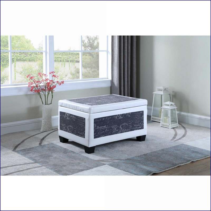 Ottoman, Old-World Blue &amp; White Bonded Leather Storage with 2 Seating | Wood | Black