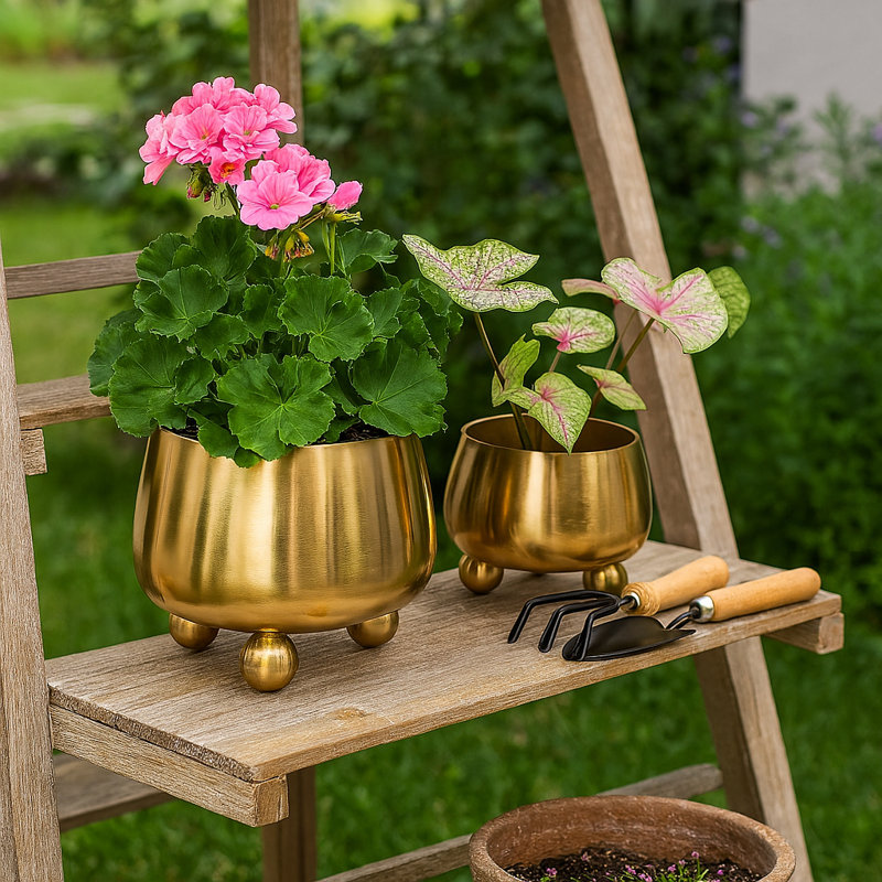 Aedin Set Of 2 9/11" Round Metal Planters With Ball Feet, Gold