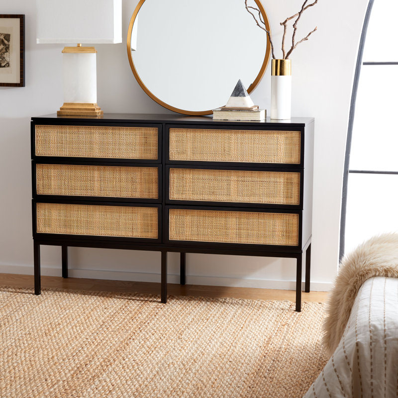 Commode 6 tiroirs Prudhoe, Noir / noir avec rotin naturel