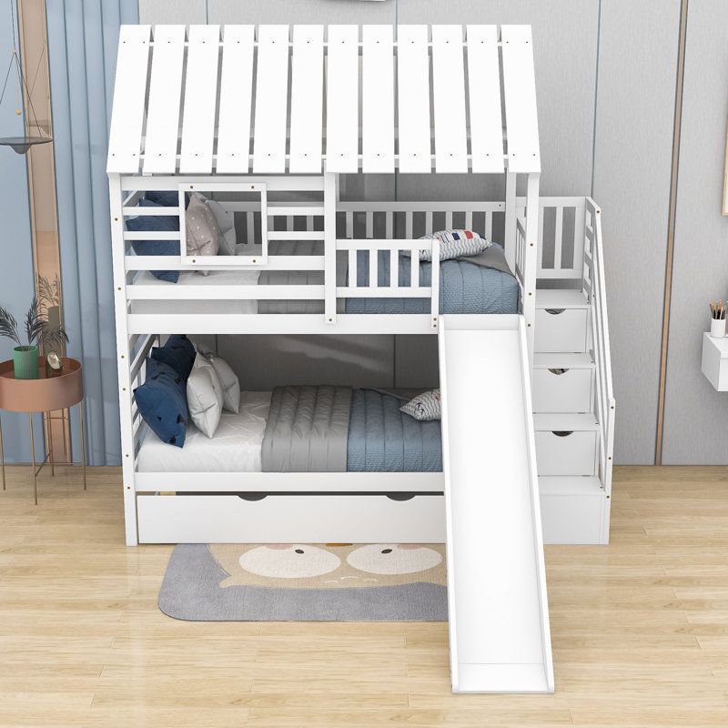Perignan Kids Twin Over Twin Bunk Bed with Trundle, White