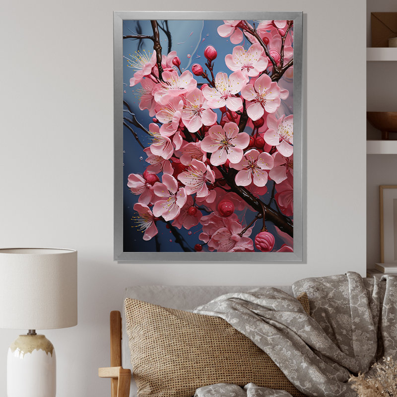 Fleur de pommier harmonie géométrique - art mural floral salon, H 20 po x l 12 po x P 2 po, Cadre de coin fermé argenté