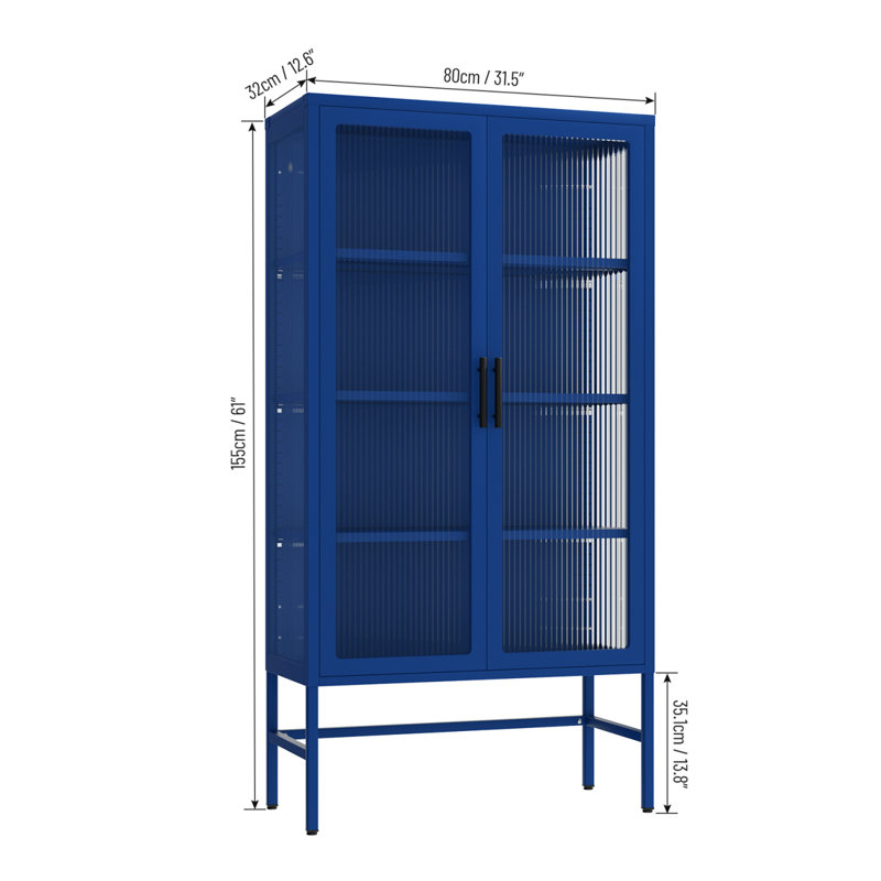 Armoire de rangement à double porte vitrée avec tablettes réglables Buffet en acier laminé à froid, Bleu