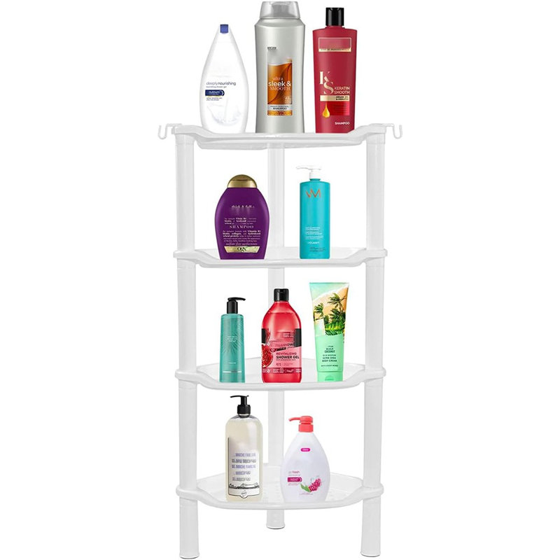 Serviteur de douche de coin à 4 niveaux - Blanc - Organisateur de douche en plastique antirouille pour salle de bain, baignoire et bac de douche, conception à fente ronde