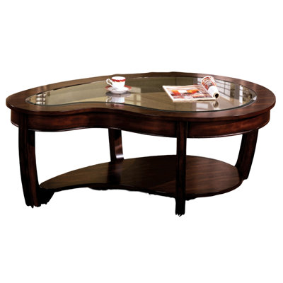 Table basse traditionnelle en cerisier foncé avec plateau en verre biseauté de 5 mm et plateau de rangement ouvert