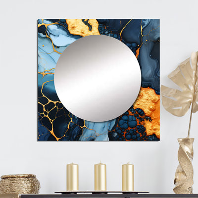 Lava Marble Art liquide orange et bleu II - grand miroir mural carré abstrait pour chambre à coucher