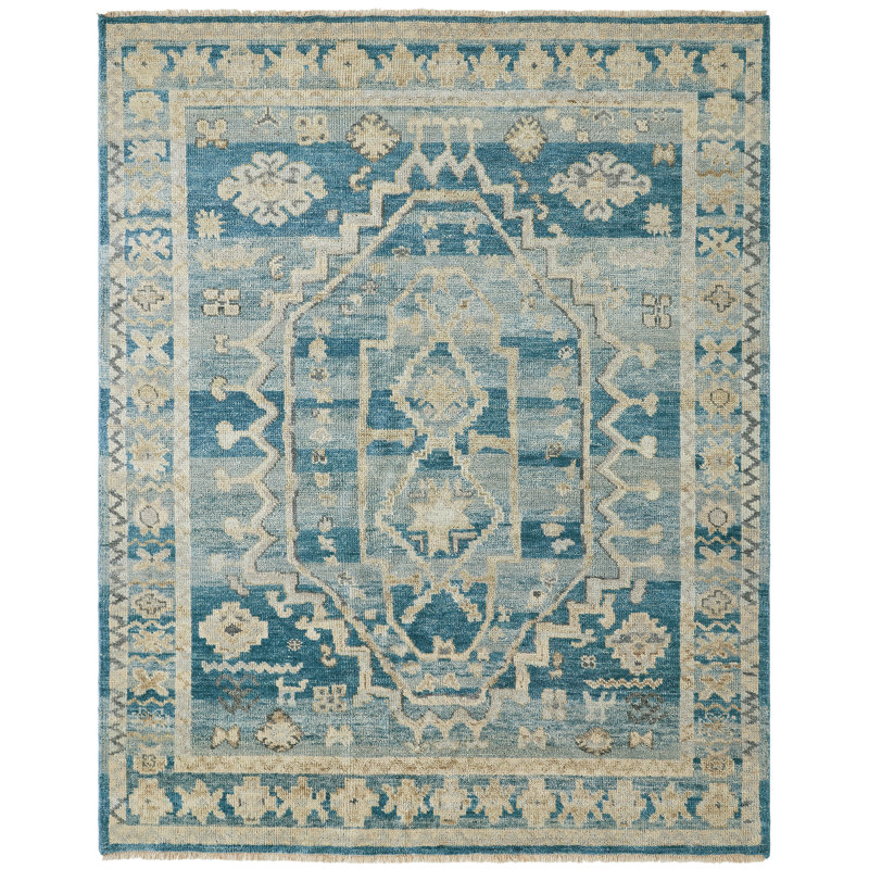 Amaris Azure Medallion Hand-Knotted Wool Area Rug, Rectangle 6' x 9'