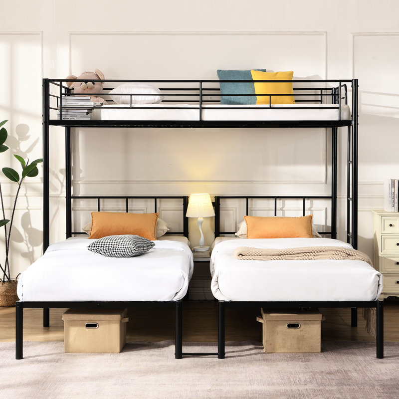 Triple lit superposé simple au-dessus de simple, structure en métal, verticales, garde-corps, tablette de rangement - noir, 78 po de profondeur, 92,1 largeur, 72 hauteur, lit 137,48 lb, cadre, rail, pour équipement de musique 78,25 90,29 70,34
