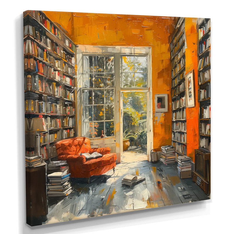 Bibliothèque orange - lecture de bonheur - décoration murale bibliothèques, H 16 po x l 16 po, Toile tendue