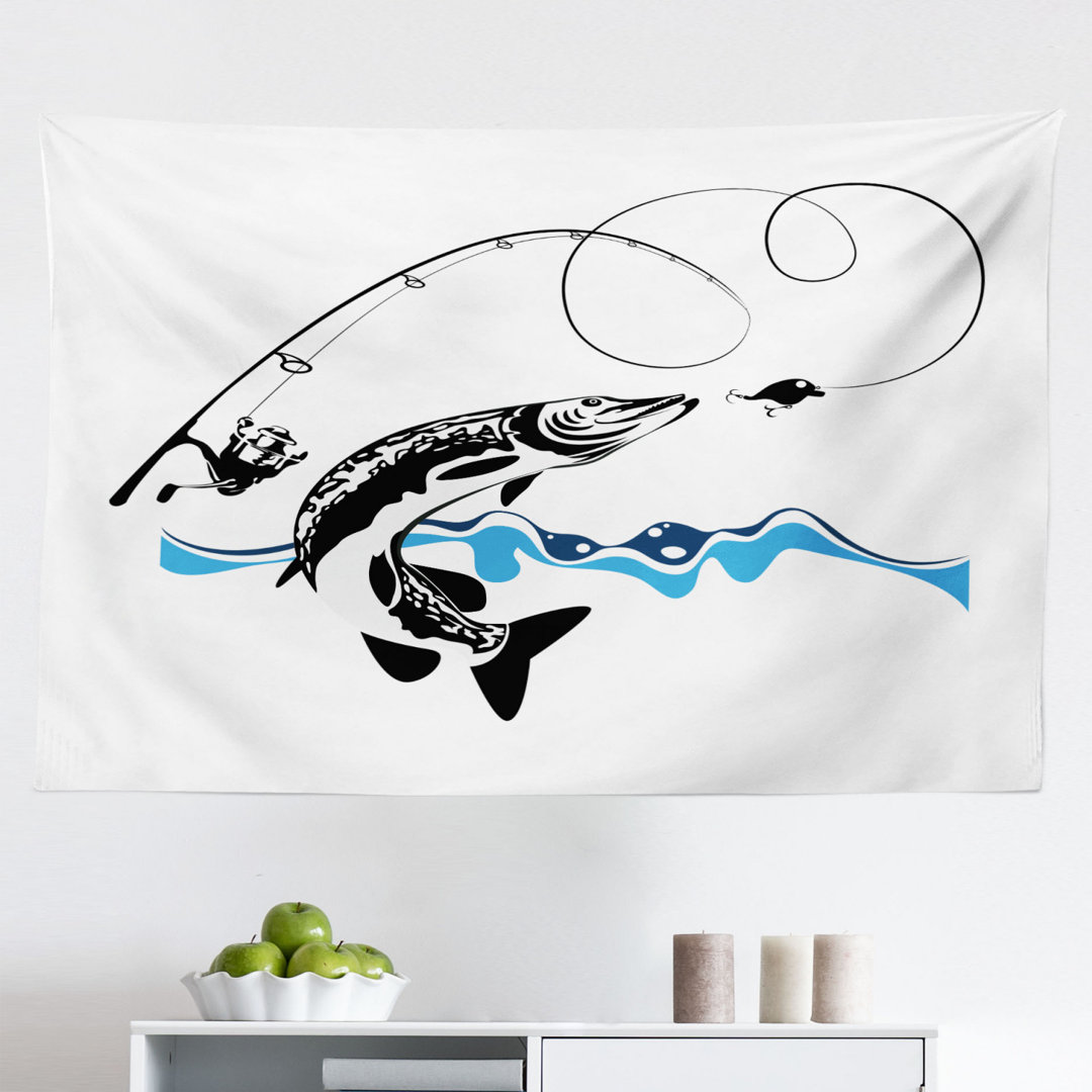 Wandteppich, Hand gezeichnet Kunst Nautical, Fisch, Schwarz Blau