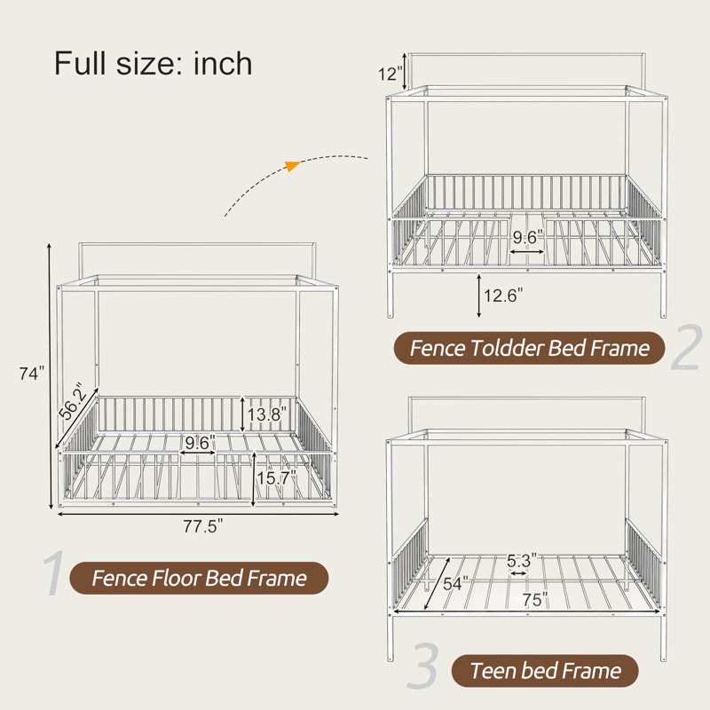 3-in-1 Convertible Montessori Metal Floor Bed with Fence, Toddler to Teen Canopy Platform Bed, Easy Assembly
