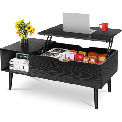 Table basse à plateau relevable en bois avec compartiment caché et grande tablette de rangement, table de salle à manger avec plateau relevable pour le bureau du salon, noir