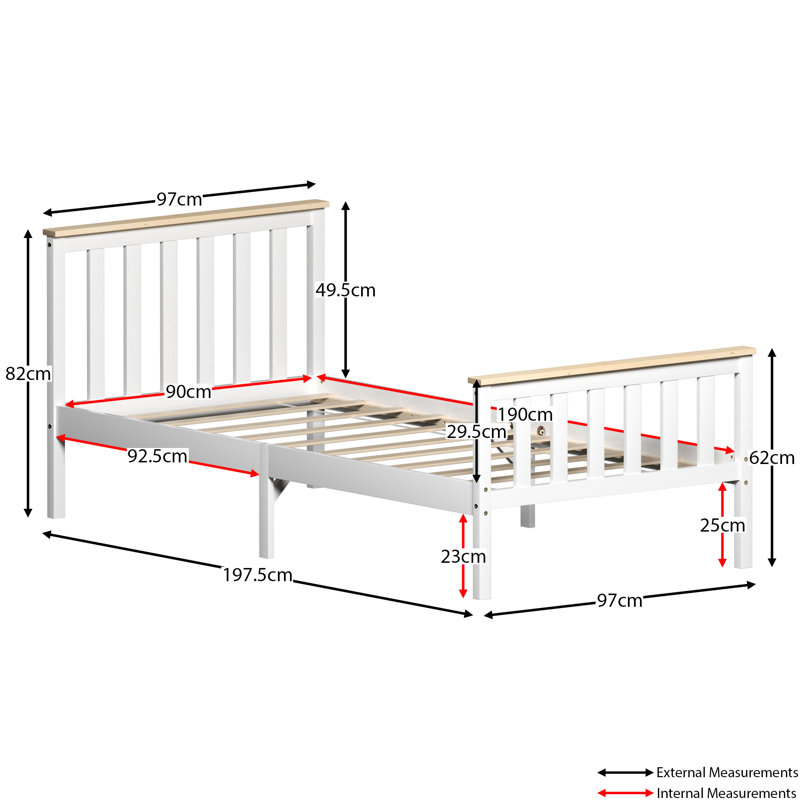 Solid Wood Bed, White/Pine, Single (3')