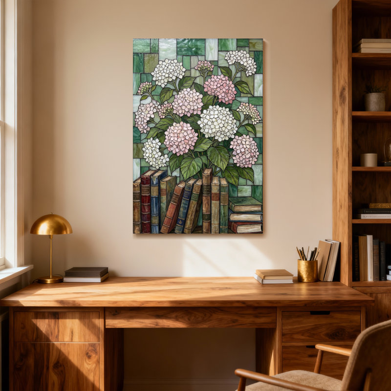Plantes et fleurs Motif de fleurs et de livres en verre coloré, H 24 po x l 16 po
