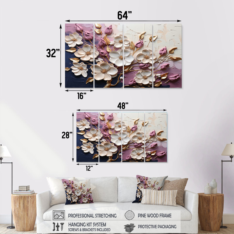 Blanc et mauve coquelicots - ensemble d'art mural floral abstrait 4 pièces, H 28 po x l 48 po