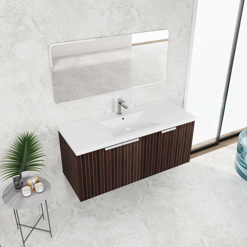 Meuble-lavabo de salle de bain avec lavabo en résine, portes à fermeture douce, conception à fixation flottante
