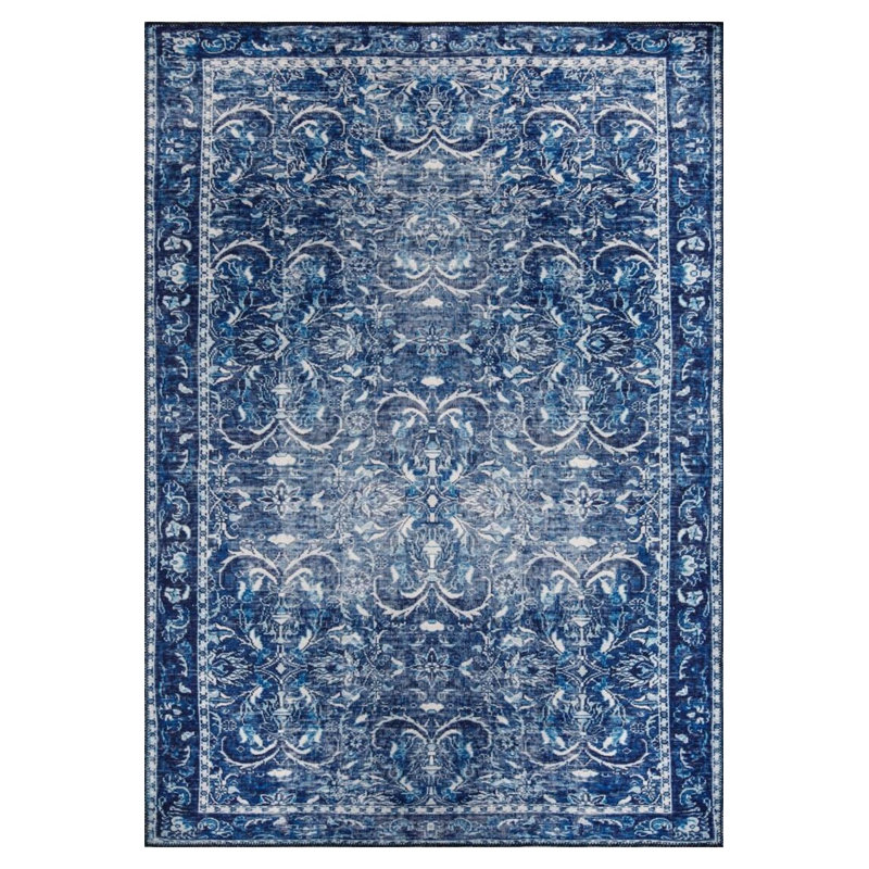 Tapis décoratif bleu à motif tissé rétro, Rectangle 3 pi 10 po x 5 pi 3 po