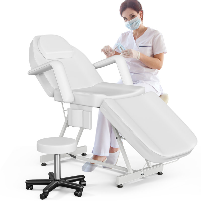 Salon Beauty Bed with a Stool, Massage chair with storage pocket, Adjustable 3-Section Massage Table, White, White