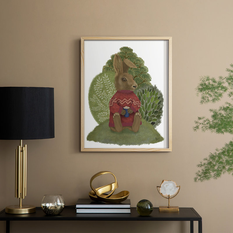 Lapin latte dans un chandail, reproduction encadrée - bois massif, H 15 po x l 12 po