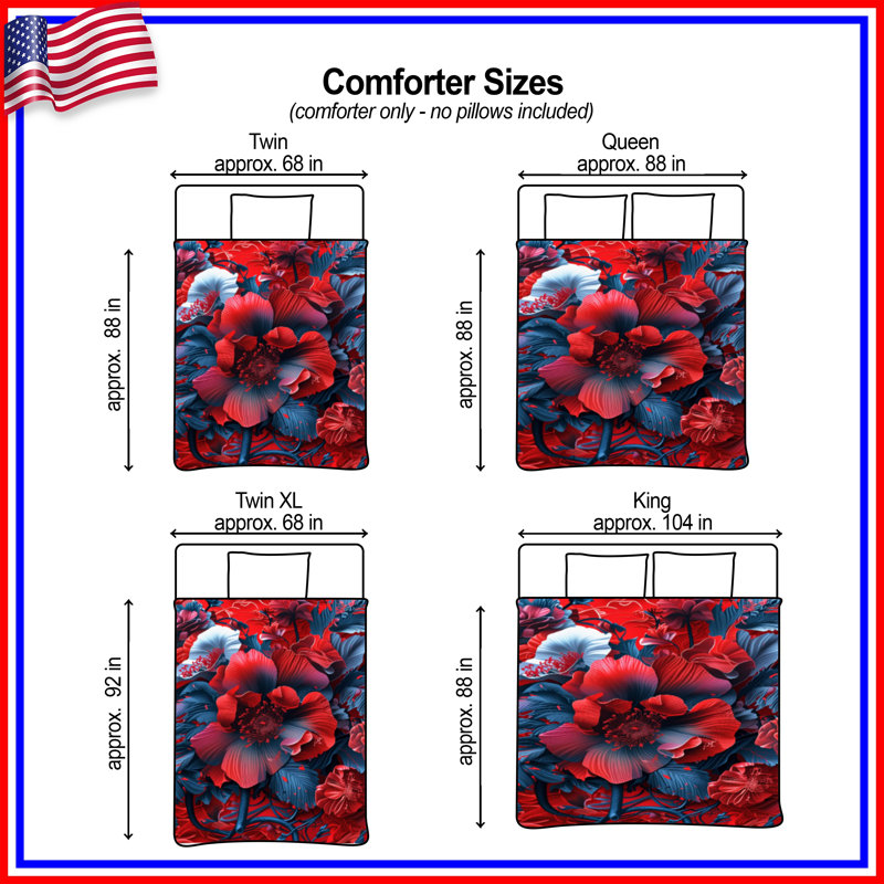 Red Blue Floral Composition Comforter, Queen