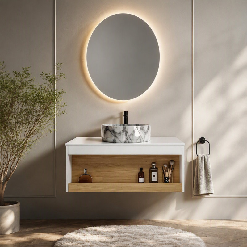 Meuble-lavabo flottant de 36 po avec lavabo vasque en marbre veiné gris, meuble-lavabo mural avec tablette ouverte, finition blanche avec décor en bois, conception moderne peu encombrante (livré dans 2 boîtes)