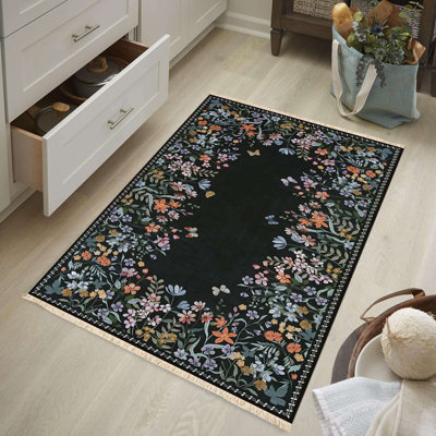 Tapis à motif floral noir