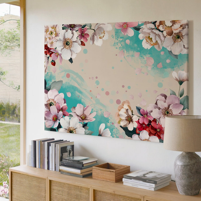 Toile, composition florale éclatante avec un tableau de fleurs, art mural sur toile principalement blanc et rose tendre