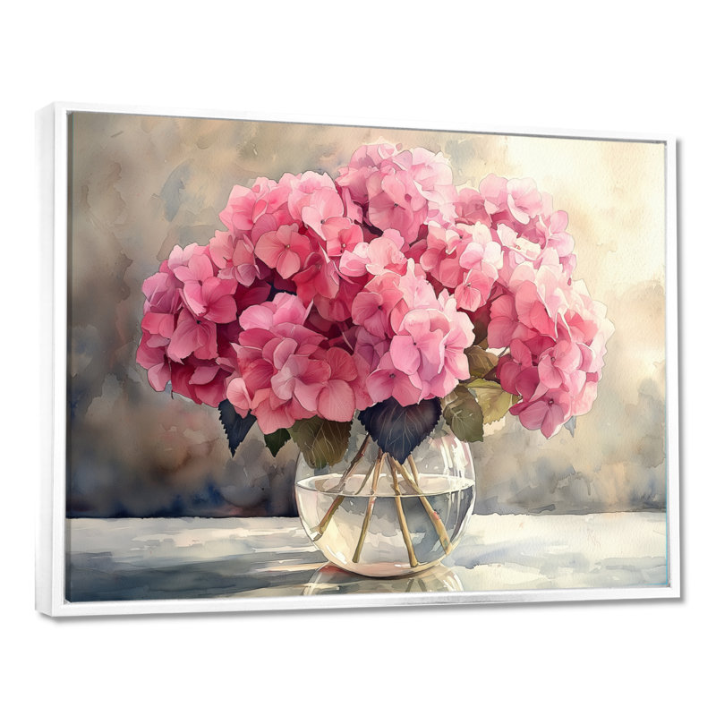 Inestroza hortensias dans un vase en verre II - hydrangées, art mural, H 12 po x l 20 po, Cadre flottant, Blanc