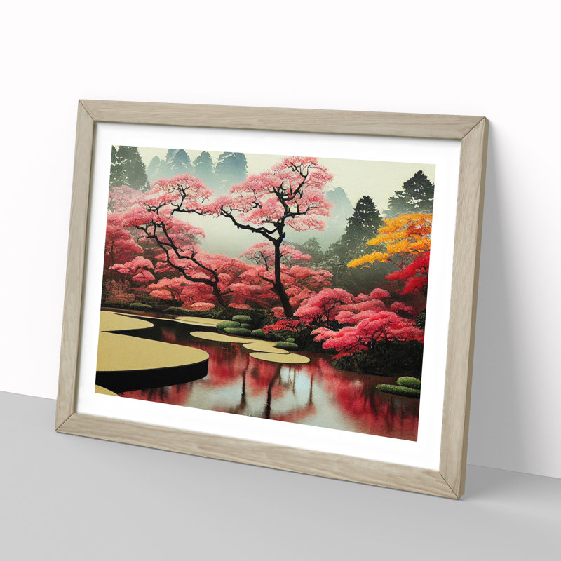 Japanese Garden Pond Vol.3 - Single Picture Frame Painting, 25cm H x 34cm W x 2cm D, Oak