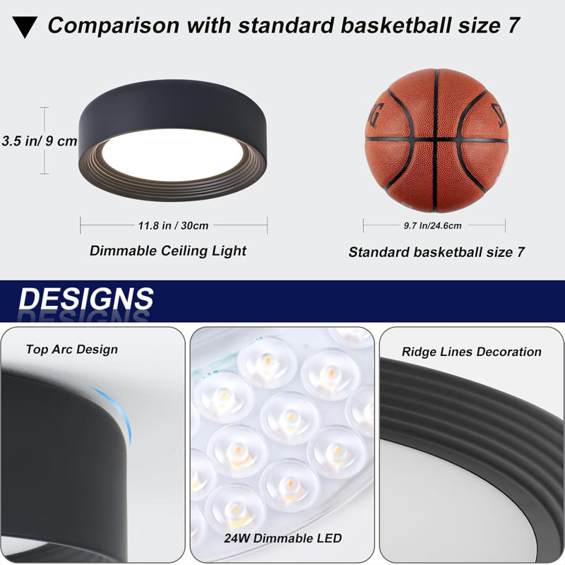 11.8 Inch Modern Dimmable LED Round Matte Black Flush Mount Ceiling Light 5CCT Adjustable 3000K-6000K Close to Ceiling Lighting Fixture