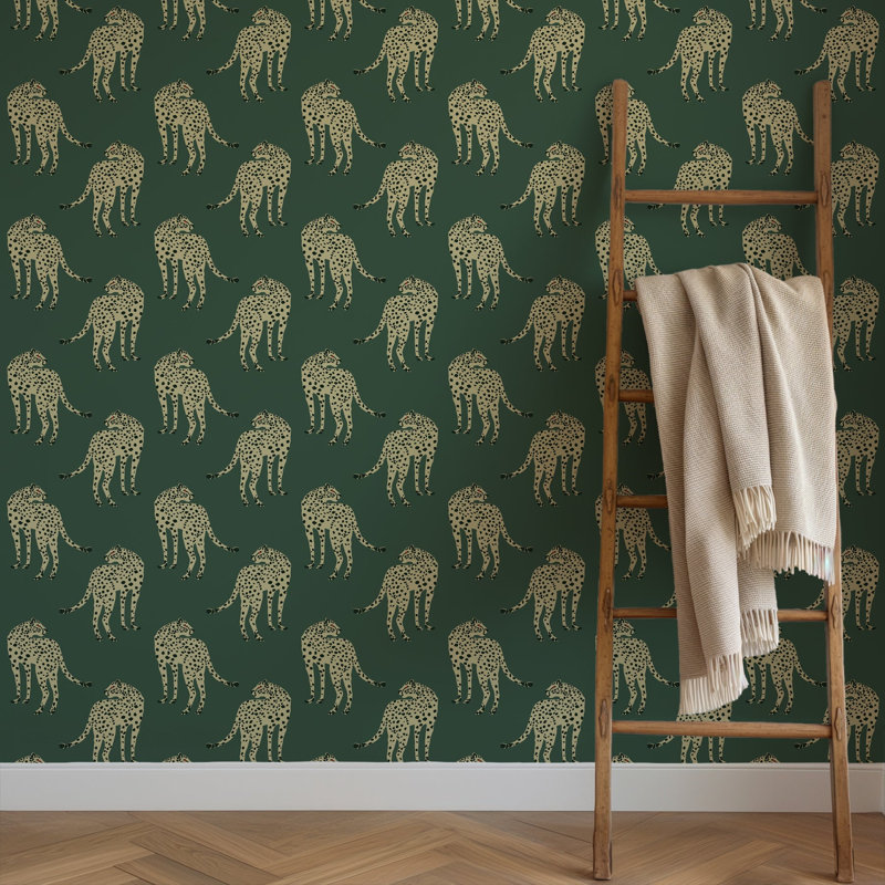 Papier peint Prowling Cheetah - Juniper, Juniper, Faux Grasscloth