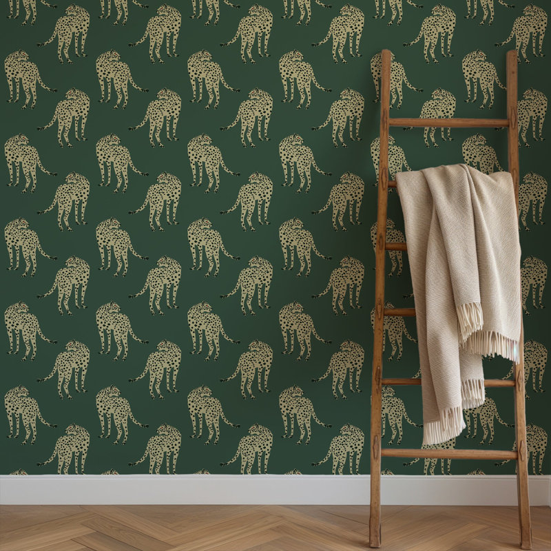 Prowling Cheetah - Juniper Wallpaper, Non-Pasted, Faux Grasscloth, Green
