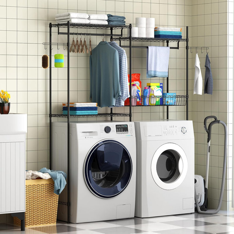 Laundry Room Clothes Drying Rack, Over The Washer and Dryer Storage Shelf, Clothes Drying Rack with Laundry Hamper and Hooks