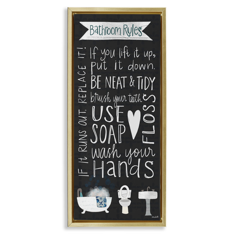 "Whimsical Bathroom Rules", art mural encadré flottant doré par Katie Doucette, H 25 po x l 11 po