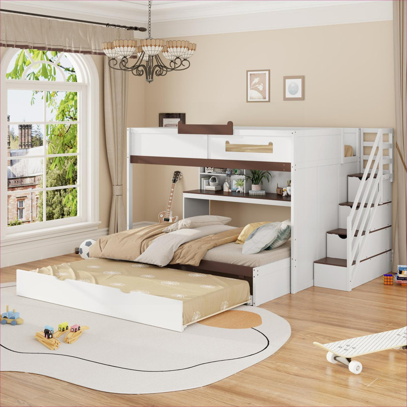 Structure de lit superposé double classique en bois massif blanc avec lit gigogne simple, escalier intégré, tablettes de rangement et DEL pour les enfants et les chambres d'amis