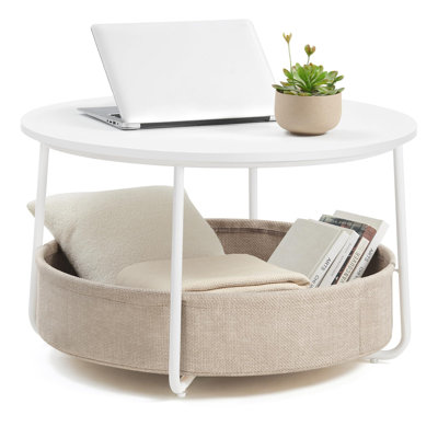 Coffee Table With Storage, Round Center Table For Living Room With Fabric Basket, Modern Style, Metal Frame