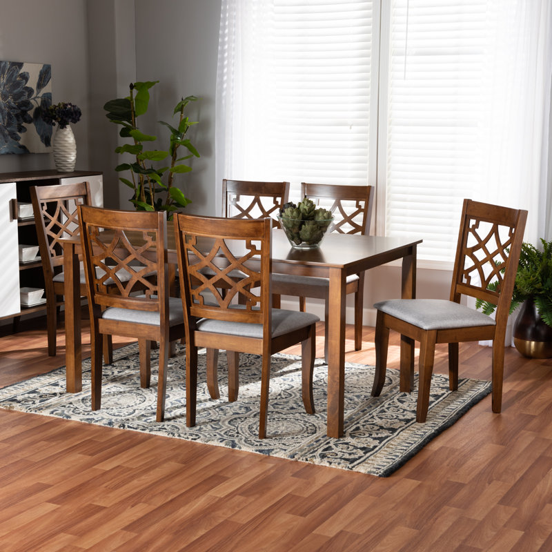 Meladie 7-Pc Dining Set in Grey Fabric and Walnut Finished Wood, 37.4'' H X 18.1'' W X 20.3'' D, Brown
