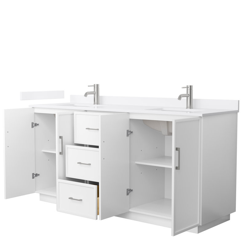 Meuble-lavabo double autoportant 72 po avec plateau en quartz Elan TK, Quartz blanc, Blanc, Nickel brossé