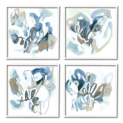 Abstract Blue Squiggle Collage 4 Pc White Framed Giclee Art Set by June Erica Vess