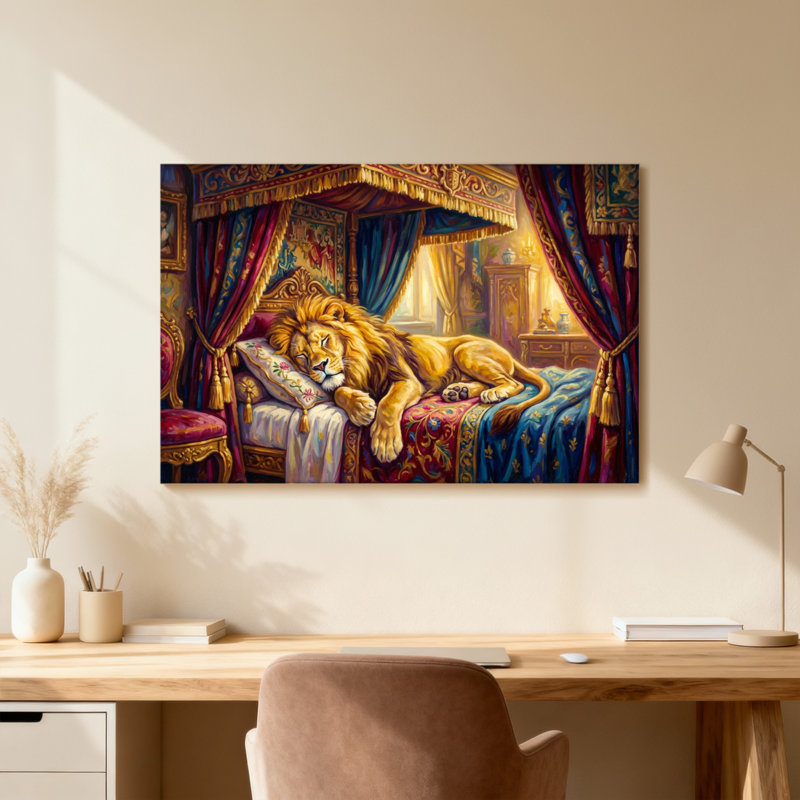 Animaux animaux reposant sur un lit royal avec rideaux, H 12 po x l 18 po, Toile tendue, Ne s’applique pas