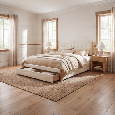 Très grand lit plateforme en bois massif avec tiroirs de rangement Lunara Vault Upholstery