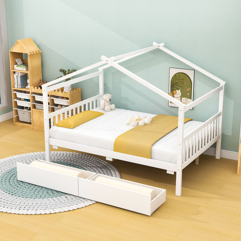 Lorentzen Full 2 Drawers Wood House Bed, White