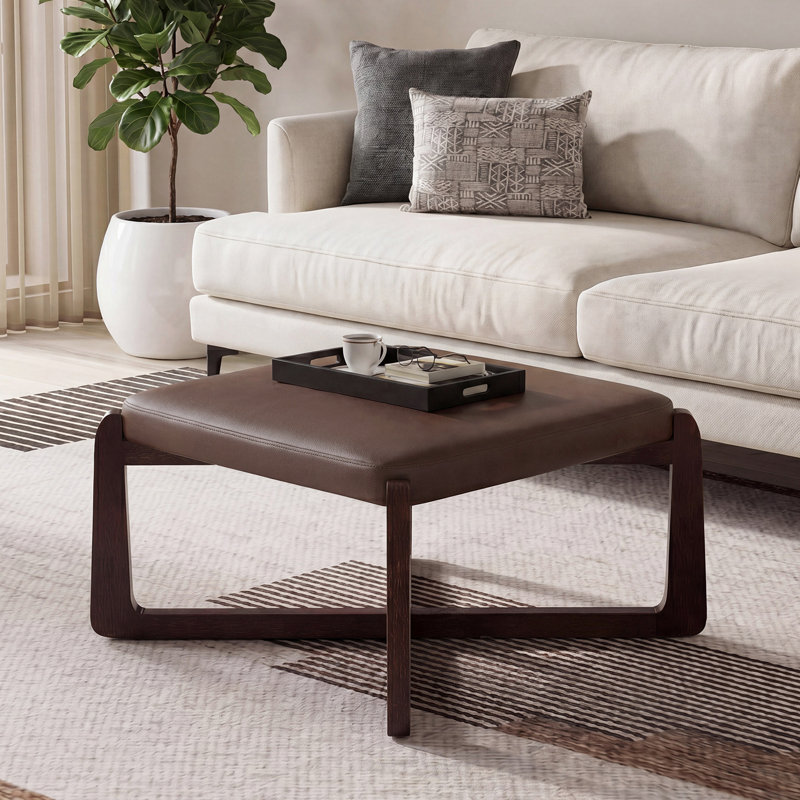24" Wide Faux Leather Upholstered Square Ottoman, Dark Brown