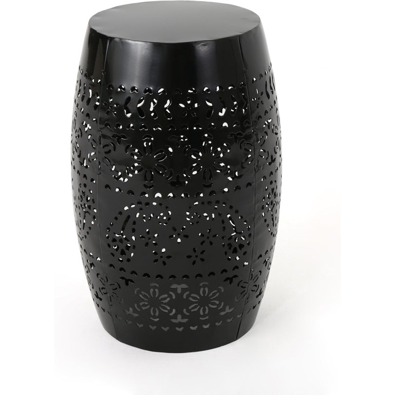 Modern Lace Cut Iron Accent Table With Barrel Structure And Durable Metal Frame