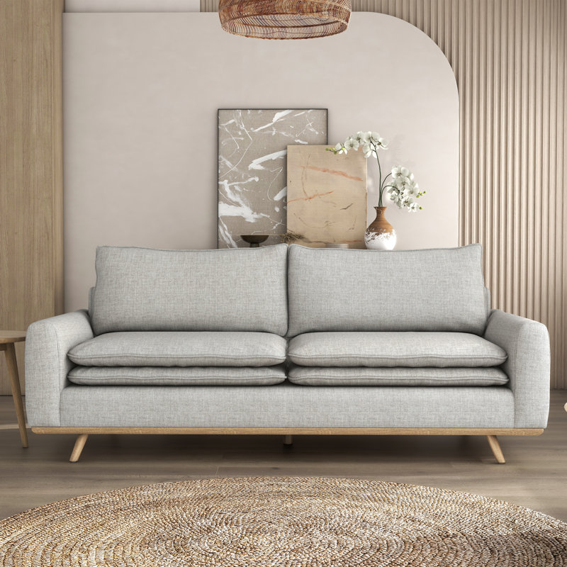 Ashely Upholstered 82.63'' Sofa, Oak Wood, Light Grey