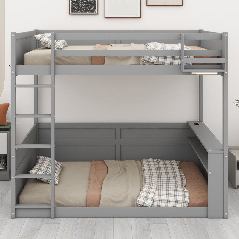 Lit superposé en bois avec tablettes intégrées, lumière DEL et station de charge USB, gris