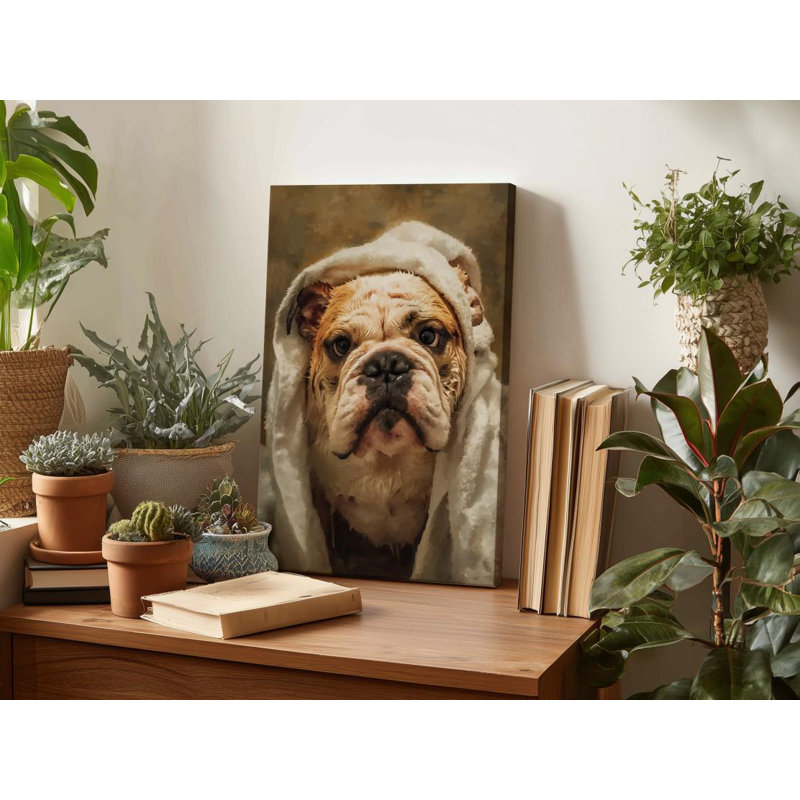 Art de bouledogue anglais sur toile: Drôle de chien dans une serviette, portrait d'un animal de compagnie, H 45 po x l 30 po