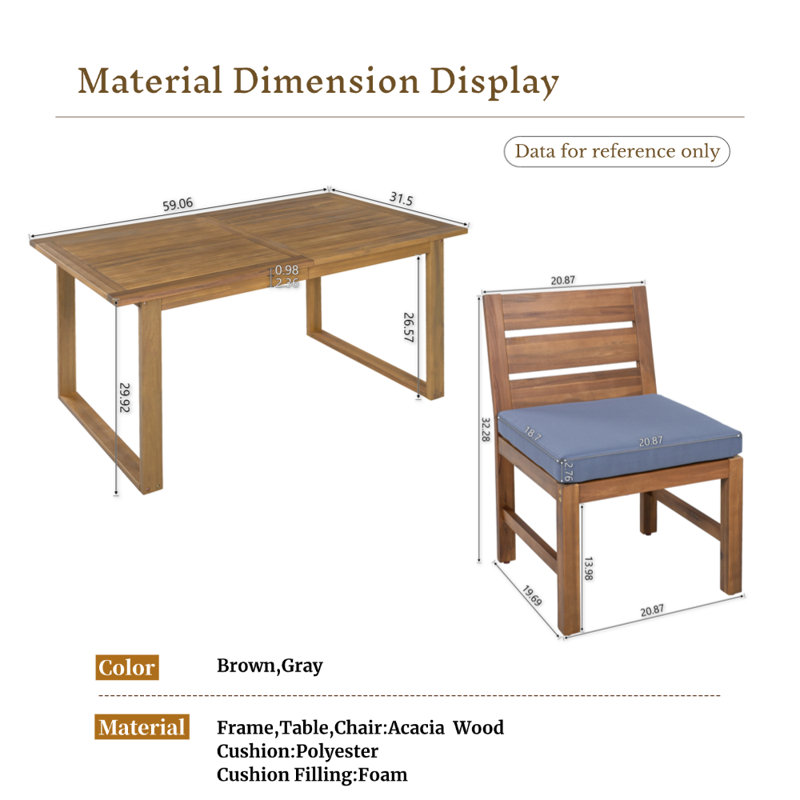 Ensemble de salle à manger 5 pièces en bois d'acacia avec 4 chaises rembourrées et une table à lattes, Gris
